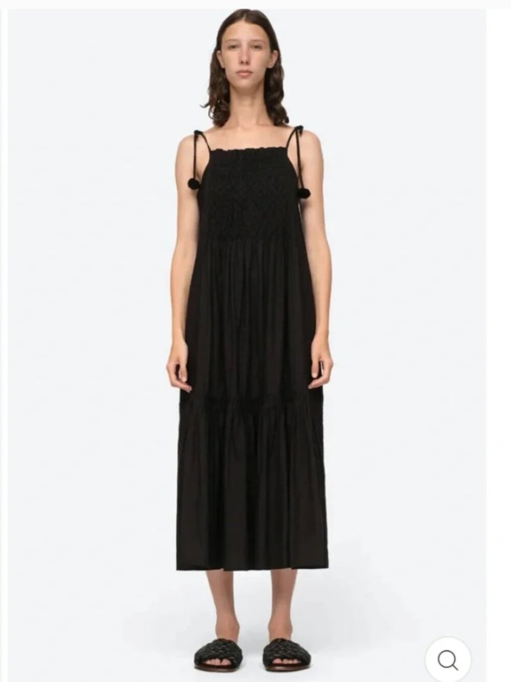 Sea New York | Willa Smocked Midi Dress Tie Strap Pom Pom Black Size M - Picture 2 of 11